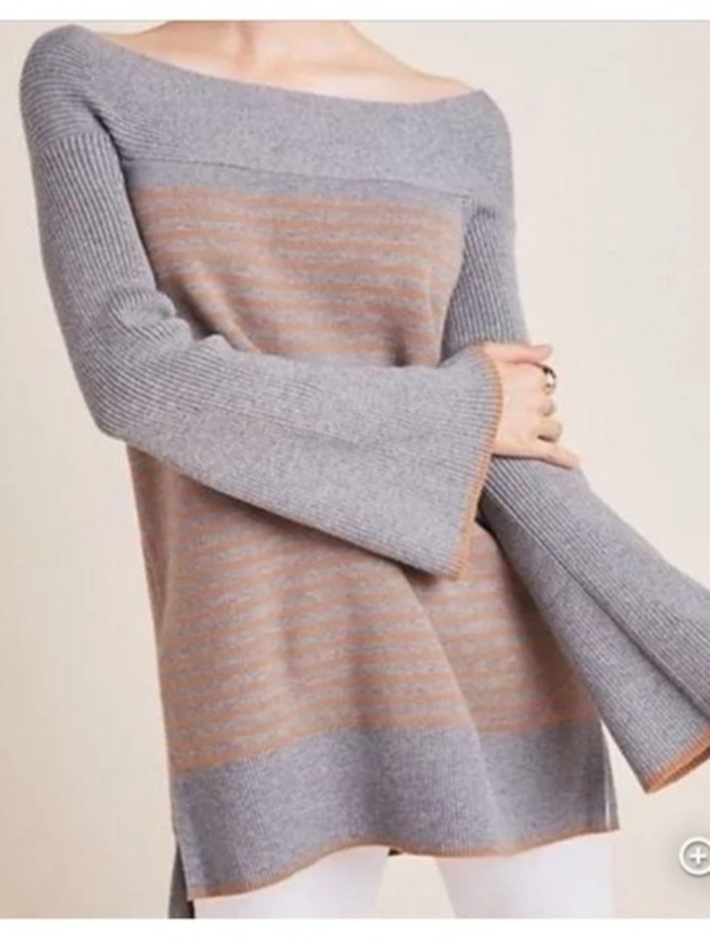 Anthropologie Off-the-Shoulder Striped Bell-Sleeve Sweater — Gray & Tan